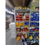 5, Bays of shelving to include contents consisting assorted fixings, drills, electrical spares and