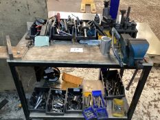 1: Various tools and collets for Bridgeport Mill, Steel Framed Table With Bench Vice