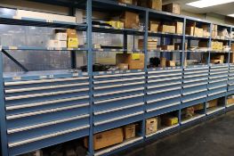 Stanley Vidmar 8-Section Wall Storage System with Shelves and Drawers with Tool Crib Contents