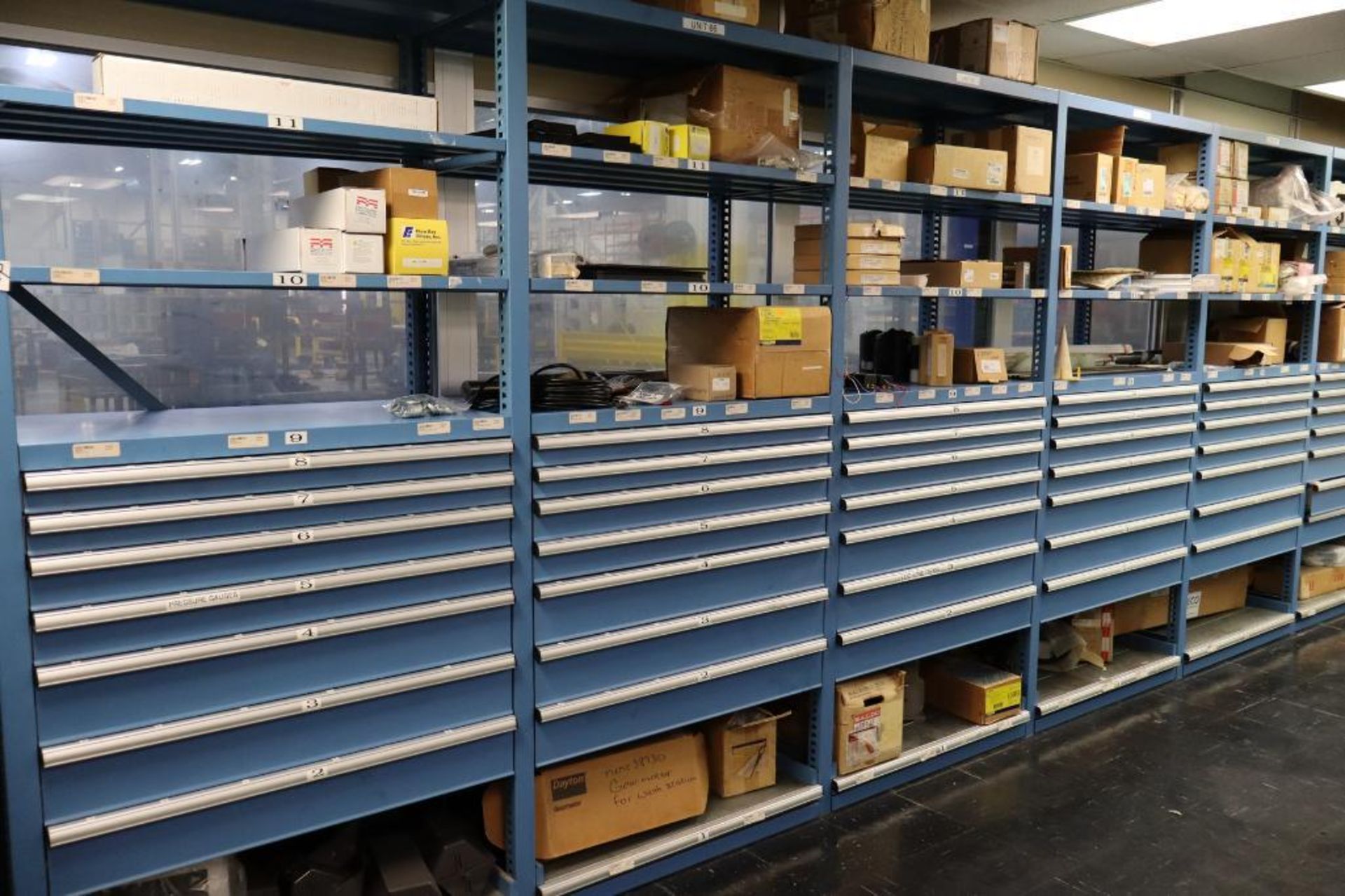 Stanley Vidmar 8-Section Wall Storage System with Shelves and Drawers with Tool Crib Contents