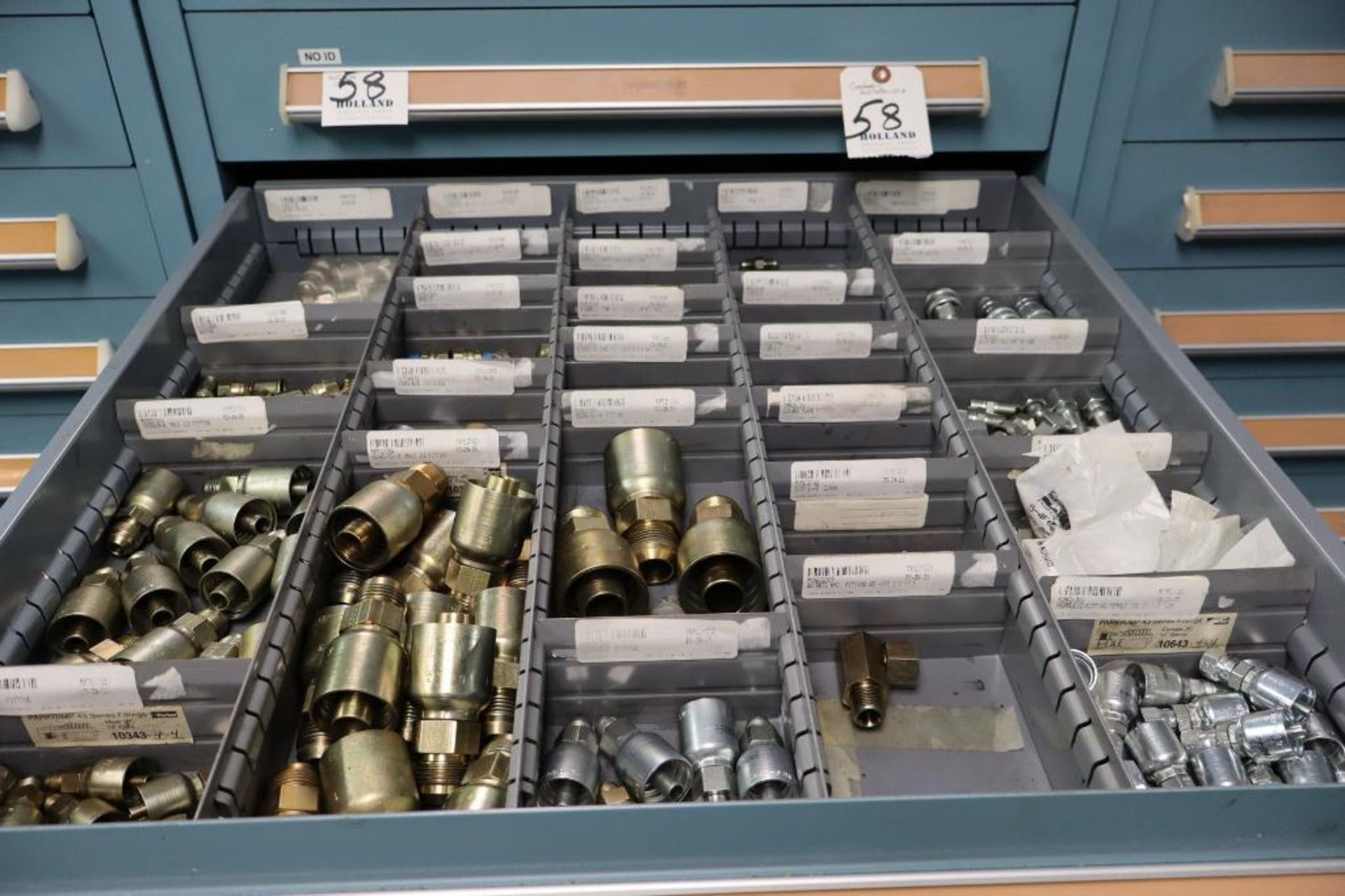Contents of Cabinet to Include Parker Hydraulic Hose Fittings, Parcrimp 43 Series Fittings