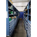 Contents of Machine Repair Tool Crib on (4) Stanley Vidmar Storage Systems with (3) Shelves and Draw