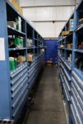 Contents of Machine Repair Tool Crib on (4) Stanley Vidmar Storage Systems with (3) Shelves and Draw