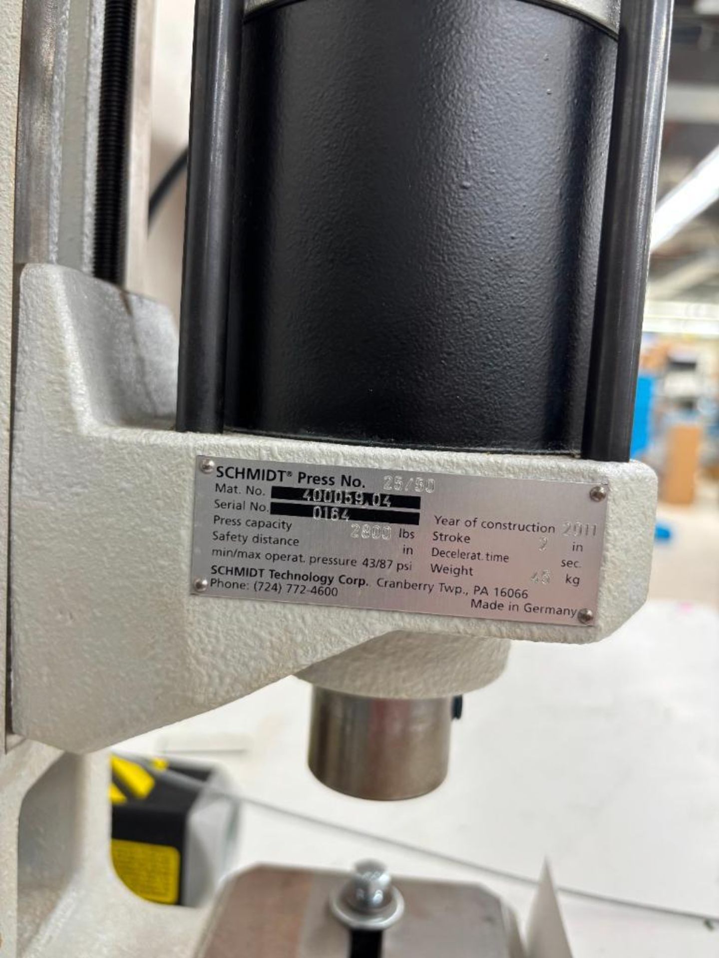 Schmidt Pneumatic Press Model 400059.04, S/N#0164, 2,000# Cap, 2" Stroke, Year 2011 - Image 3 of 3