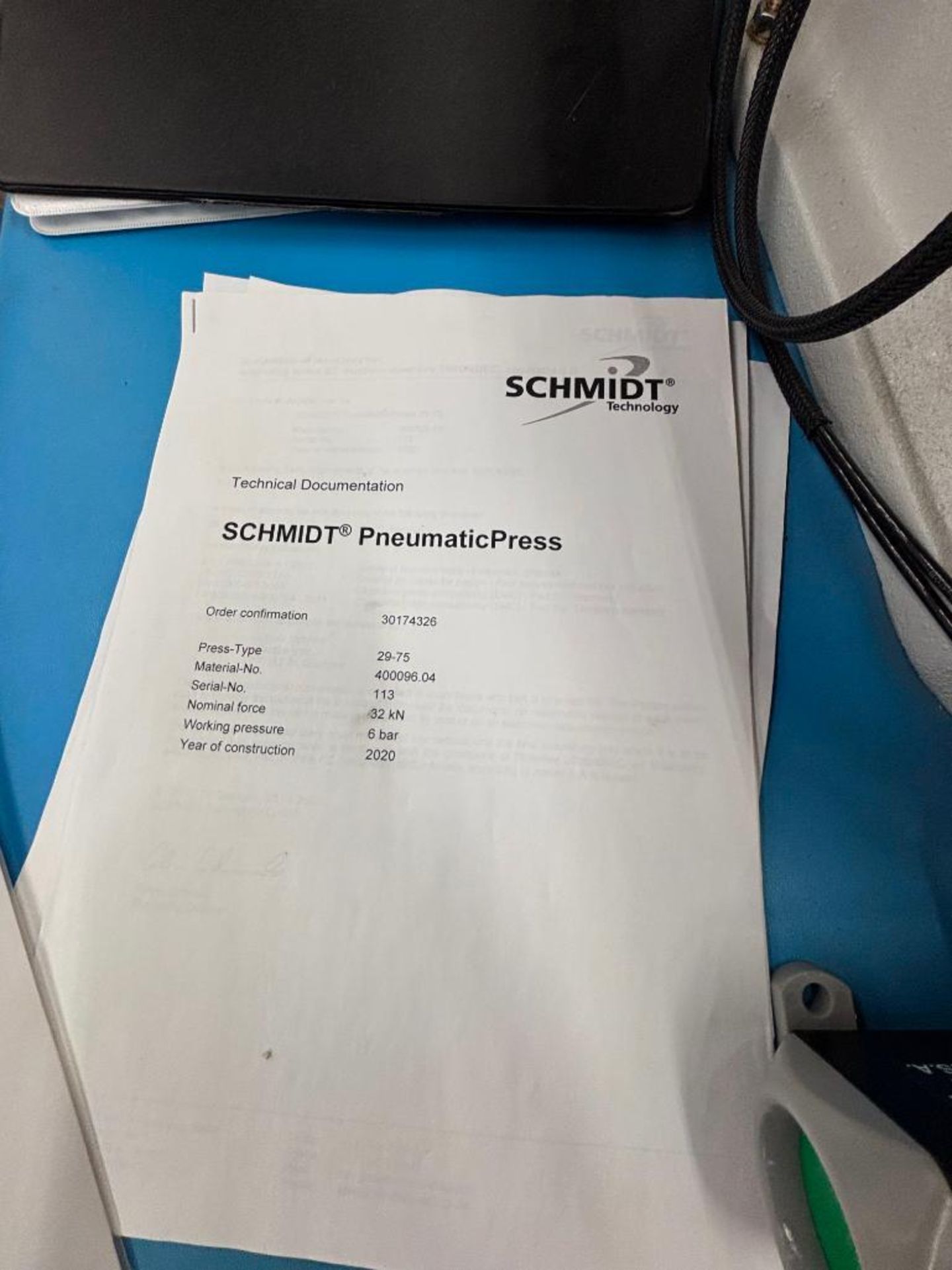 Schmidt Pneumatic Press Model 40009604, 7,000# Capacity, 3" Stroke, Year 2020, with rolling Cart - Image 5 of 6