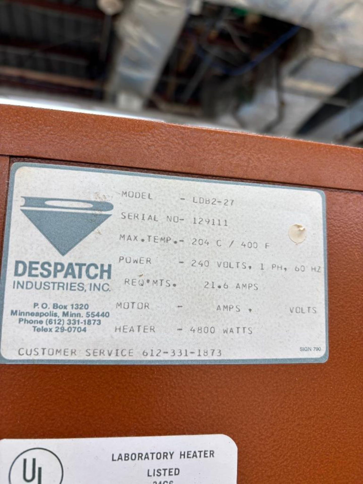 Despatch Oven Model LDB 2-27, S/N#129111, Max Temp 204c/400f, 240/1/60, 36" x 36" x 34" Tall Intevio - Image 3 of 5