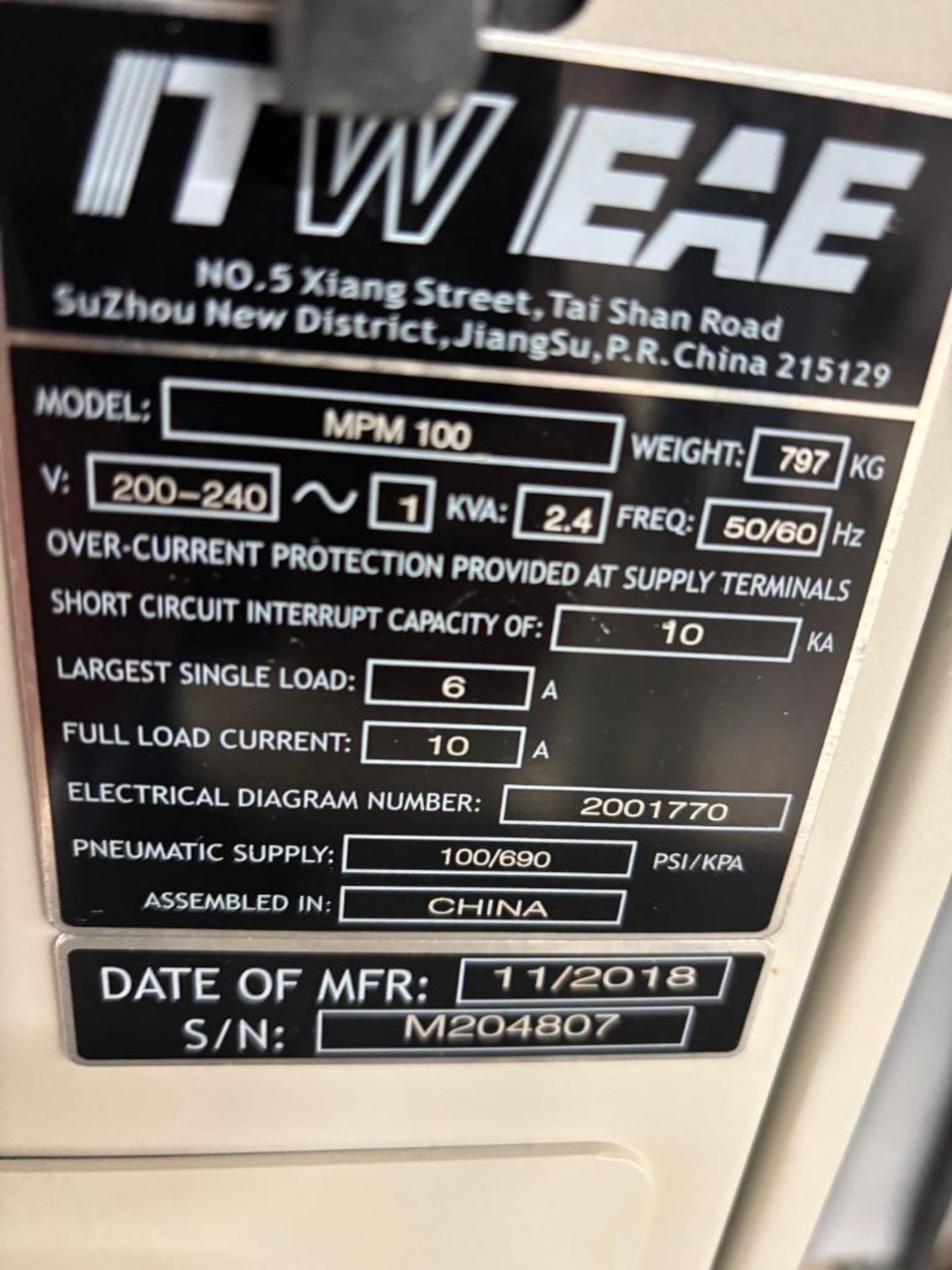 ITW/EAE MPM 100 Screen Printer, Ser#M204807, Year 2018, 200-240/50/60 - Image 4 of 5