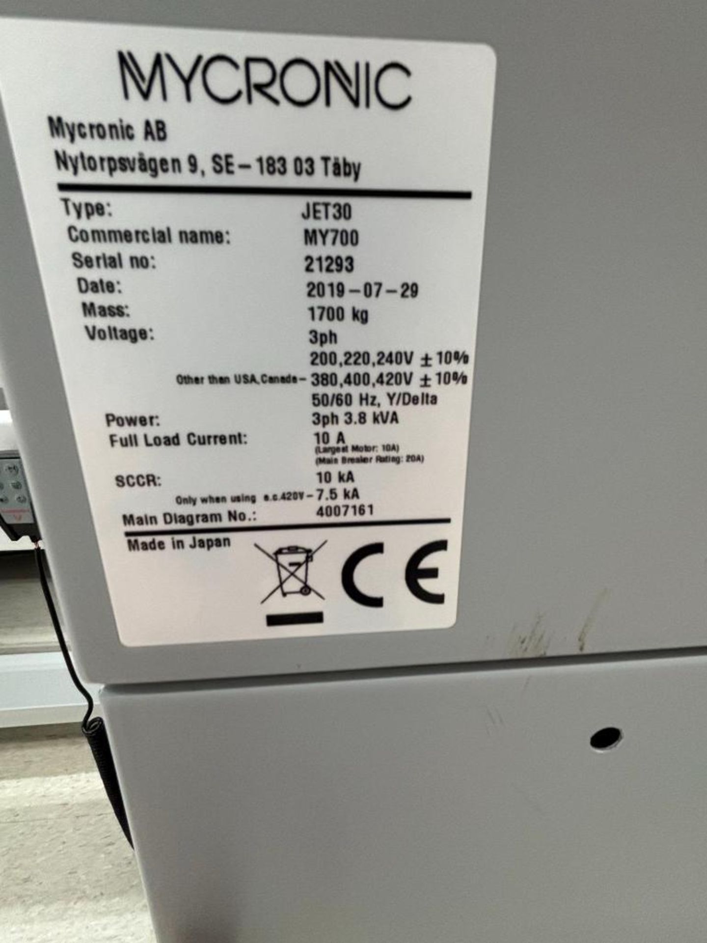 MYCRONIC MY700 Jet Printer Model Jet 30, Ser#21293, Year 2019, 200.220.240/3/60 - Image 5 of 11