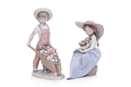 TWO LLADRO PORCELAIN FIGURES OF CHILDREN WITH FLOWERS