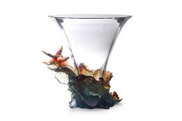 A LARGE DAUM PATE DE VERRE AND CLEAR GLASS 'PAPILLON' VASE