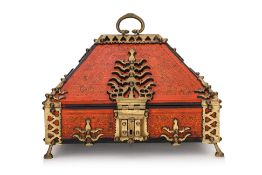 INDIAN BRASS MOUNTED AND POLYCHROME DECORATED BOX