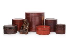 A GROUP OF BURMESE LACQUER BOXES AND A FIGURE OF SARIPUTTA