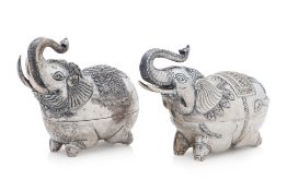 TWO SIMILAR SOUTHEAST ASIAN SILVER BOXES MODELLED AS ELEPHANTS