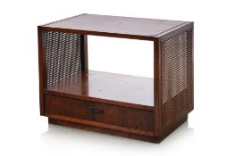A FOUNDERS WALNUT AND RATTAN SIDE CABINET