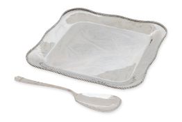 A SQUARE STERLING SILVER SERVING DISH AND A SPOON