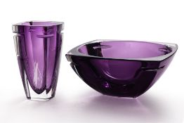 A WATERFORD CRYSTAL 'METRA' AMETHYST BOWL AND VASE