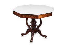 AN ANGLO INDIAN MARQUETRY INLAID AND MARBLE TOPPED CENTRE TABLE