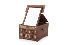 A HARDWOOD AND BONE INLAID DRESSING TABLE BOX