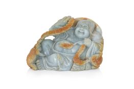A JADEITE CARVING OF BUDAI WITH LUCKY TOADS