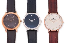 A GROUP OF THREE MEN'S WRISTWATCHES: BURBERRY, DANIEL WELLINGTON & MOVADO