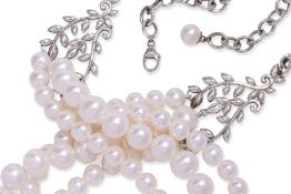 A TIFFANY & CO. THREE-ROW FRESHWATER PEARL AND SILVER OLIVE LEAF NECKLACE