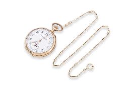 AN IWC GOLD OPEN FACE POCKET WATCH AND CHAIN