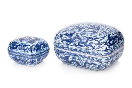 TWO BLUE AND WHITE MING STYLE DRAGON DECORATED BOXES WITH COVERS
