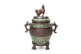 A CLOISONNÉ ENAMEL AND BRONZE TRIPOD CENSER