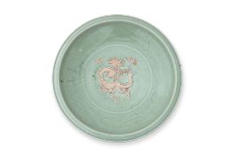 A LARGE CELADON 'DRAGON' DISH