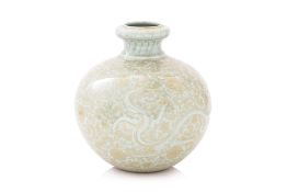 A CELADON GROUND VASE WITH MOULDED AND GILT DECORATION