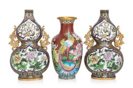 A PAIR OF DOUBLE-GOURD CLOISONNE VASES AND ONE OTHER