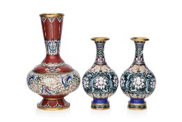 A GROUP OF THREE CLOISONNÉ ENAMEL BOTTLE VASES