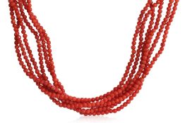 A MULTI-STRAND CORAL BEAD NECKLACE