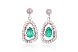 A PAIR OF EMERALD AND DIAMOND DROP EARRINGS