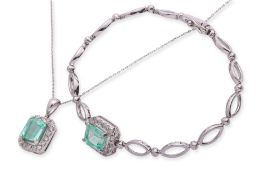 AN EMERALD AND DIAMOND BRACELET WITH MATCHING PENDANT ON CHAIN