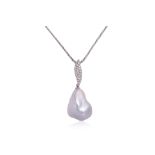A LARGE BAROQUE SOUTH SEA PEARL AND DIAMOND PENDANT ON CHAIN
