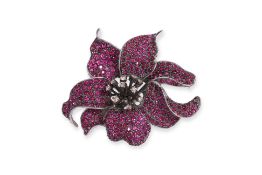 A RUBY AND DIAMOND STYLIZED 'ORCHID' BROOCH