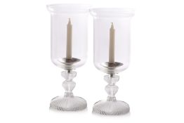 A PAIR OF LALIQUE FROSTED AND CLEAR GLASS HURRICANE LANTERNS