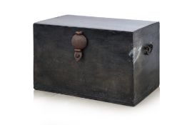 A LARGE BLACK LACQUERED TEAK STRONGBOX