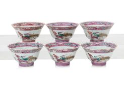 A SET OF SIX FAMILLE ROSE PHOENIX AND PEONY TEA BOWLS