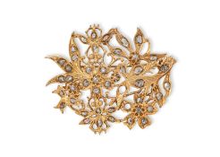 A GOLD AND DIAMOND 'BIRD, INSECT AND FLOWER' BROOCH