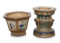 A PERANAKAN SHIWAN PLANT POT & STAND