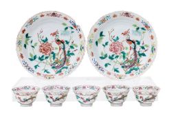 A GROUP OF FAMILLE ROSE PHOENIX AND PEONY DISHES AND CUPS
