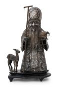 A LARGE SILVER PLATED FIGURE OF SHOU LAO AND HIS DEER