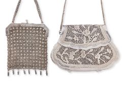A SILVER MESH PURSE AND A SILVER PLATED BAG