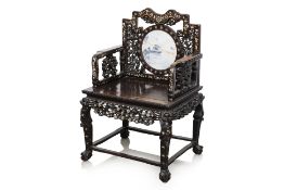 A MARBLE INSET AND MOTHER OF PEARL INLAID BLACKWOOD ARMCHAIR