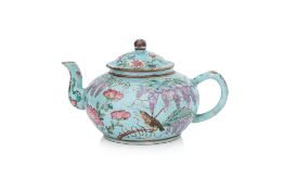 A FAMILLE ROSE BLUE-GROUND TEAPOT AND COVER