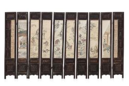 A TEN PANEL HARDWOOD SCREEN WITH 'THREE KINGDOMS' INK PAINTINGS
