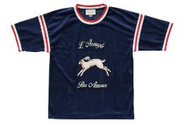 GUCCI - A NAVY 'L'AVEUGLE' EMBROIDERED MESH T-SHIRT