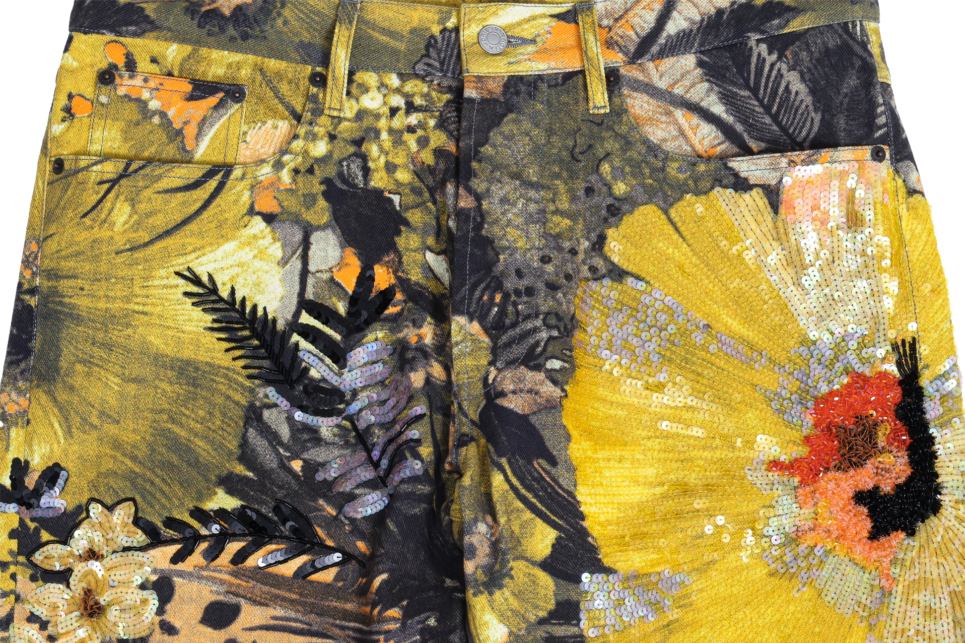 DRIES VAN NOTEN - A PAIR OF YELLOW FLORAL SEQUIN-EMBELLISHED TROUSERS - Image 2 of 3